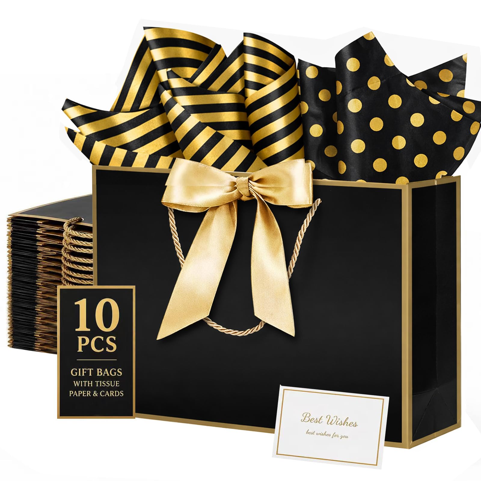 THXIY 15.75 Black Extra Large Gift Bags, 10PCS 40x30x12.5cm Big Gift Bag Set with Cards Tissue Paper, 300g Premium Board Reusable Present Gift Bags for Birthday Wedding Christmas Business Gifting C