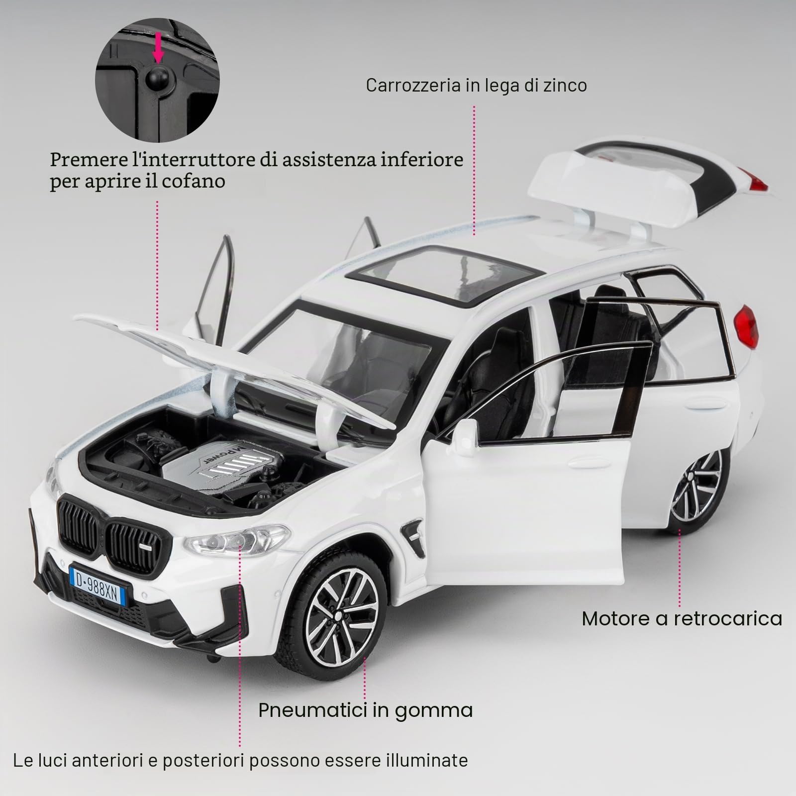 Auto giocattolo compatibile con 1:32 X3M modellino auto, Pull Back Diecast Collectible Car con suoni e luci per bambini, ragazzi, ragazze e adulti, regalo bianco