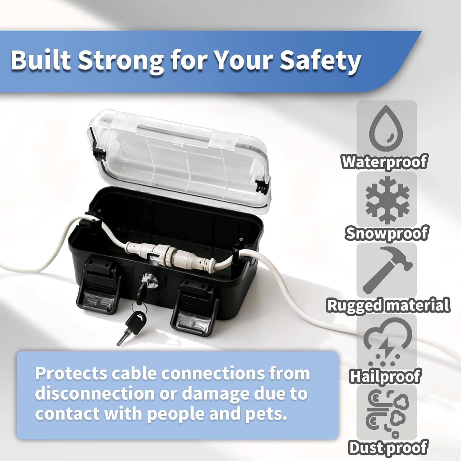 Small Outdoor Electrical Box (Inner 6.7x4x2.5),IP54 Waterproof Extension Cord Cover w/2 Cable Entry Ports,Weatherproof Connection Box for Power Strip,Timer,Plug, Holiday Lights, Black(1pack)