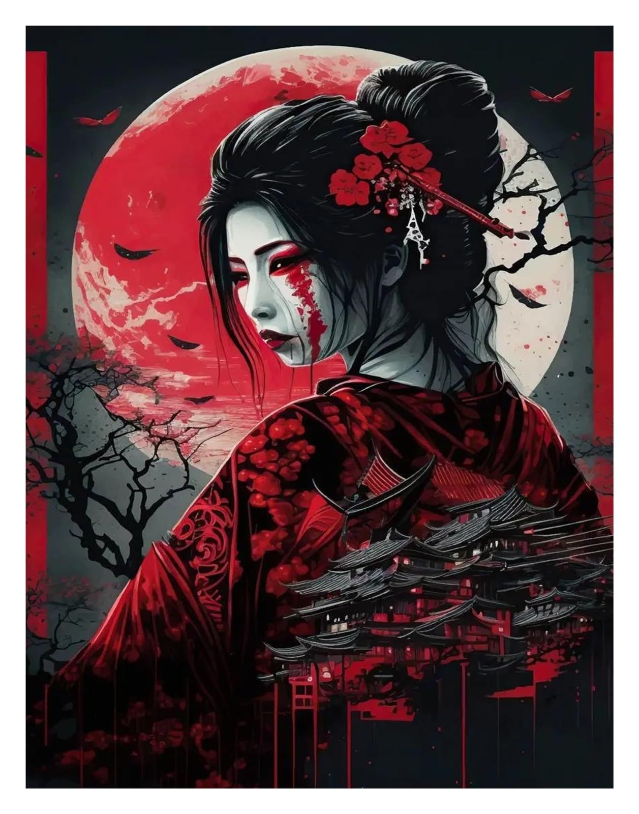 Tableau déco nature geisha japonaise peinture sur toile salon 30x42