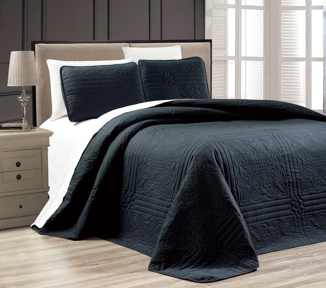 Grand Linen - 3-Piece Black Oversize Stella Grande Bedspread Queen Size Embossed Coverlet Set 106 by 100-Inch
