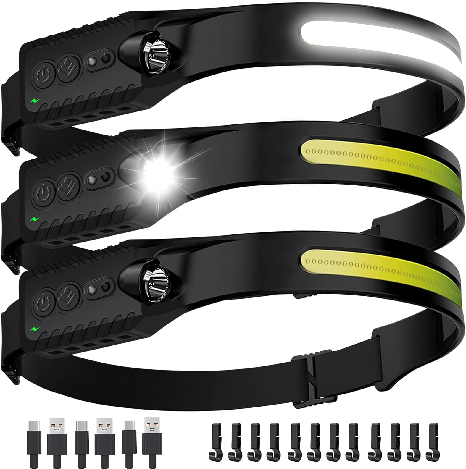 Headlamp Rechargeable (3-Pack), LED Head Lamp Flashlight, 230ยฐ Wide Beam Headband Light, 400 Lumen Super Bright, USB-C Rechargeable Lightweight Headlight for Running, Fishing, Hiking, Camping