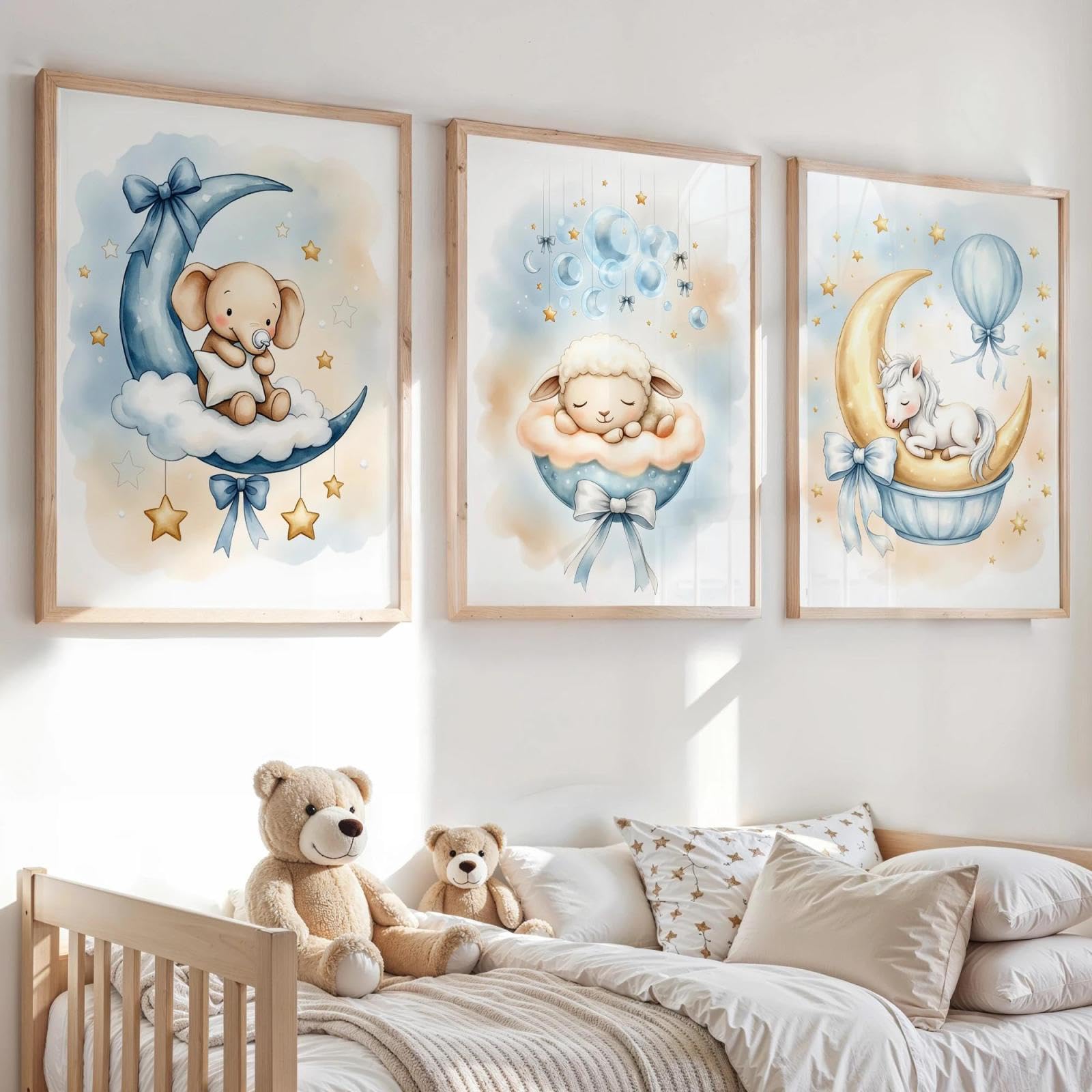 Baibexing Cartoon Blue Unicorn Elephant Wall Art Print Canvas Painting Poster Picture For Kids Room,Boy'S Room,Girl'S Room Home Decor 40X60Cmx3Pcs Unframed