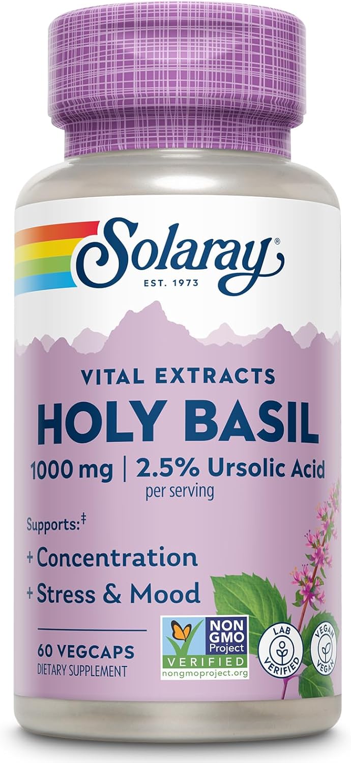 SOLARAY Holy Basil 1000 mg – Tulsi Holy Basil Adaptogen with 2.5% Ursolic Acid – Adrenal Support, Focus, Occasional Stress and Mood Support – Non-GMO, Vegan, Gluten Free, 60-Day Guarantee, 30 Servings
