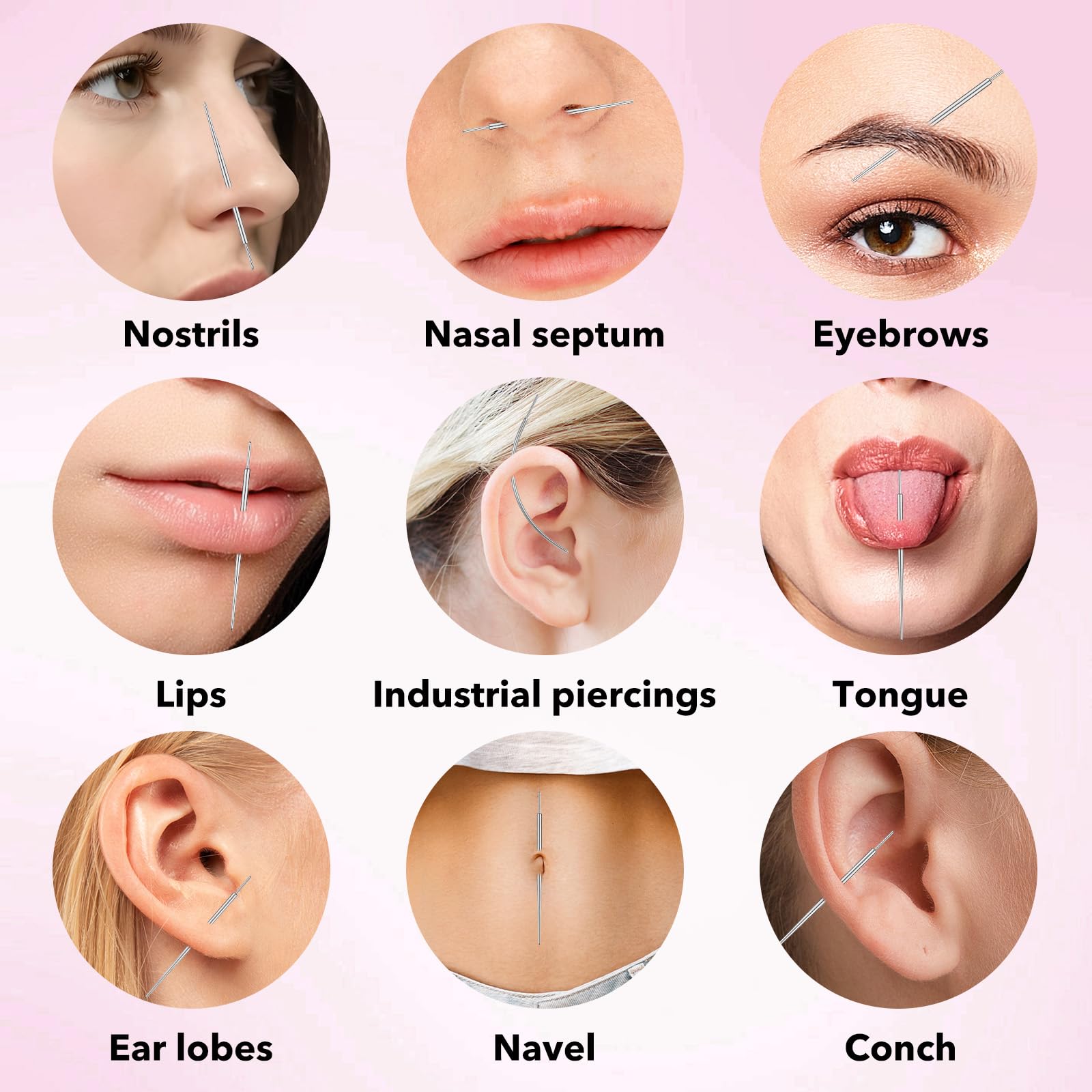 Zestaw 12 igieł do piercingu i pęsety kulkowe 14G, 16G, 18G, 20G, 20 G, zaciski do piercingu bez gwintu wewnętrznego i zewnętrznego