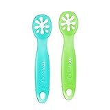 ChooMee Baby Spoons, FlexiDip| Baby Led Weaning | Dip and Catch Purees | Pediatrician Approved Stage One Learning Utensil, 100% Silicone Chew Friendly Material, BPA Free | 2 CT | Aqua Green