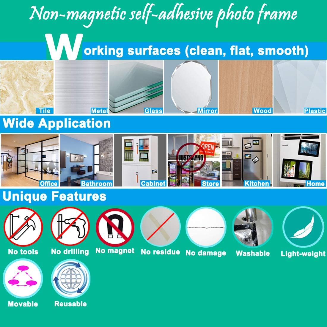HAMRAY Self-Adhesive Non Magnetic Refrigerator Picture Frame Pocket Sleeve Hold Photos Stick in Wall Door Bathroom Cabinet - Blue - 4x6 inch 10 Pack
