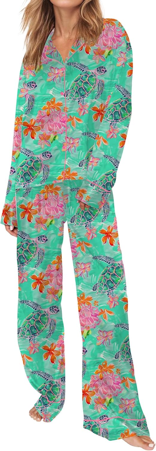 SHESHOW Satin Pajamas Set for Women Set Long Sleeve Button Down Pjs Sets 2 Piece Loungewear Animal Sleepwear XS-XXL