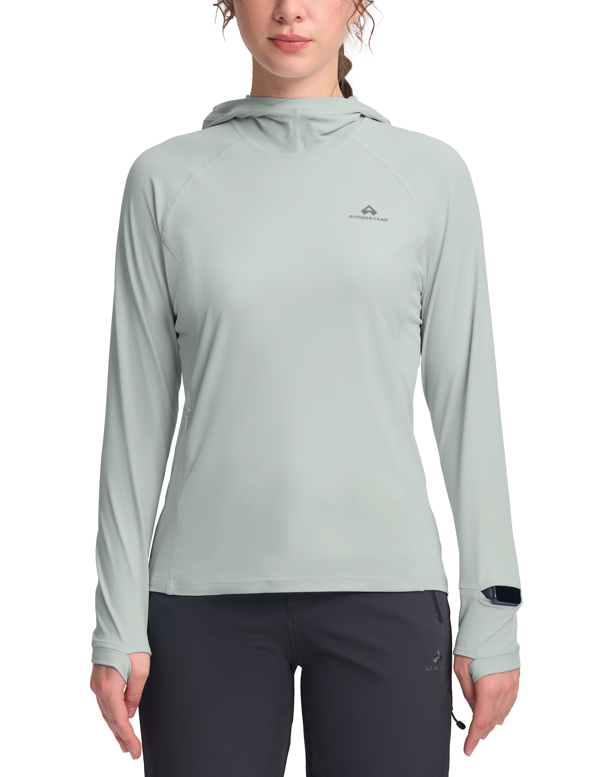 Pioneer Camp Sun Hoodie Damen UV-Schutz Langarm, Leichte Fast-Dry Wanderungshirt mit Kapuze, 50+ UPF Wabenstruktur für Atmungsaktivität, 4-Wege-Stretch für Kletterei & Trailrunning