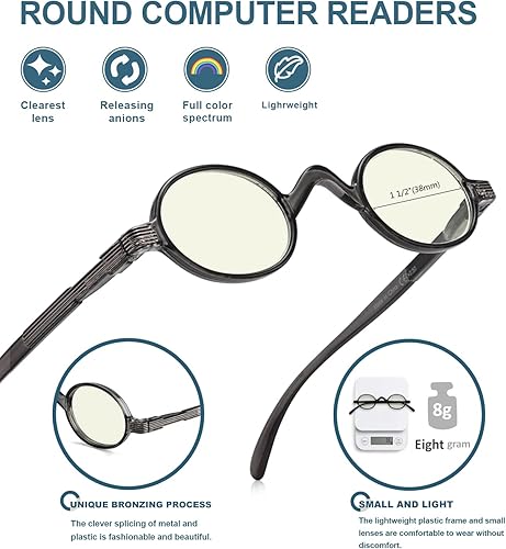 Miniatura 3 de BLUELESS Lectores de filtro de bloqueo de luz azul redondo vintage con lente pequeña (negro, +2.25)
