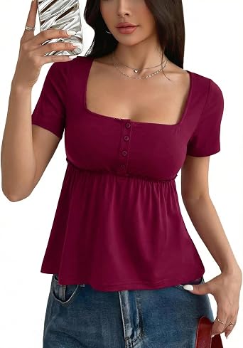 Womens Babydoll Top Peplum Flowy Cute Blouse Baby Doll Tops Short Sleeve Square Neck Y2K Summer Fashion Henley Shirt