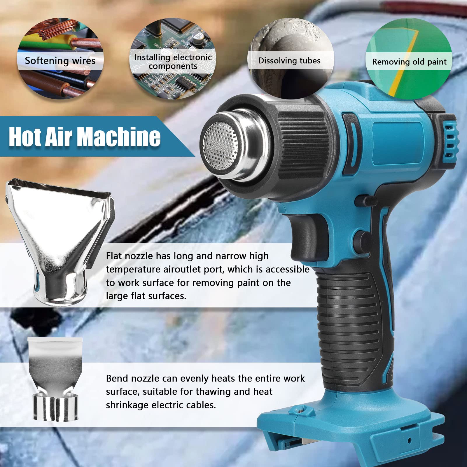 Pistola ad aria calda senza fili Geevorks Pistola di calore 300-550℃ Temperatura regolabile,Luce LED incorporata,compatibile con batteria al litio Makita 18V,Decapatrice professionale con 2 ugelli