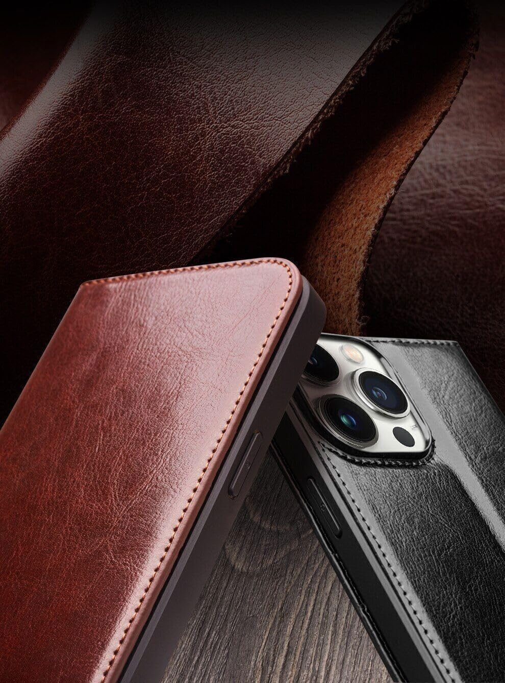Generic Pour iPhone 14 Pro (couleur : marron) Étui à rabat magnétique en cuir véritable avec fentes pour cartes