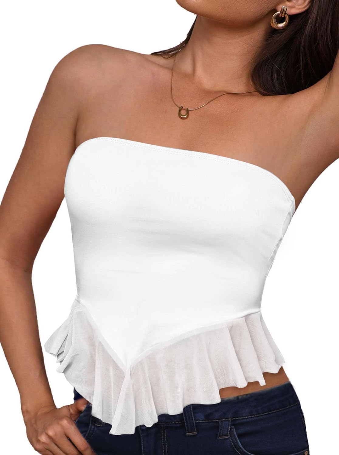 Remidoo Tube Tops for Women Sexy Sheer Mesh Strapless Top Asymmetrical Hem Ruffle Cropped Shirt - Image 2