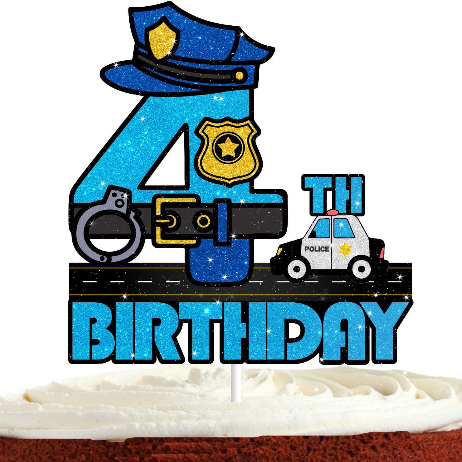 Police Cake Topper for Boys Girls 4th Happy Birthday Police Car Lights Theme Party Decorations Supplies Glitter Blue Sheriff Police 4 Years Old Cake