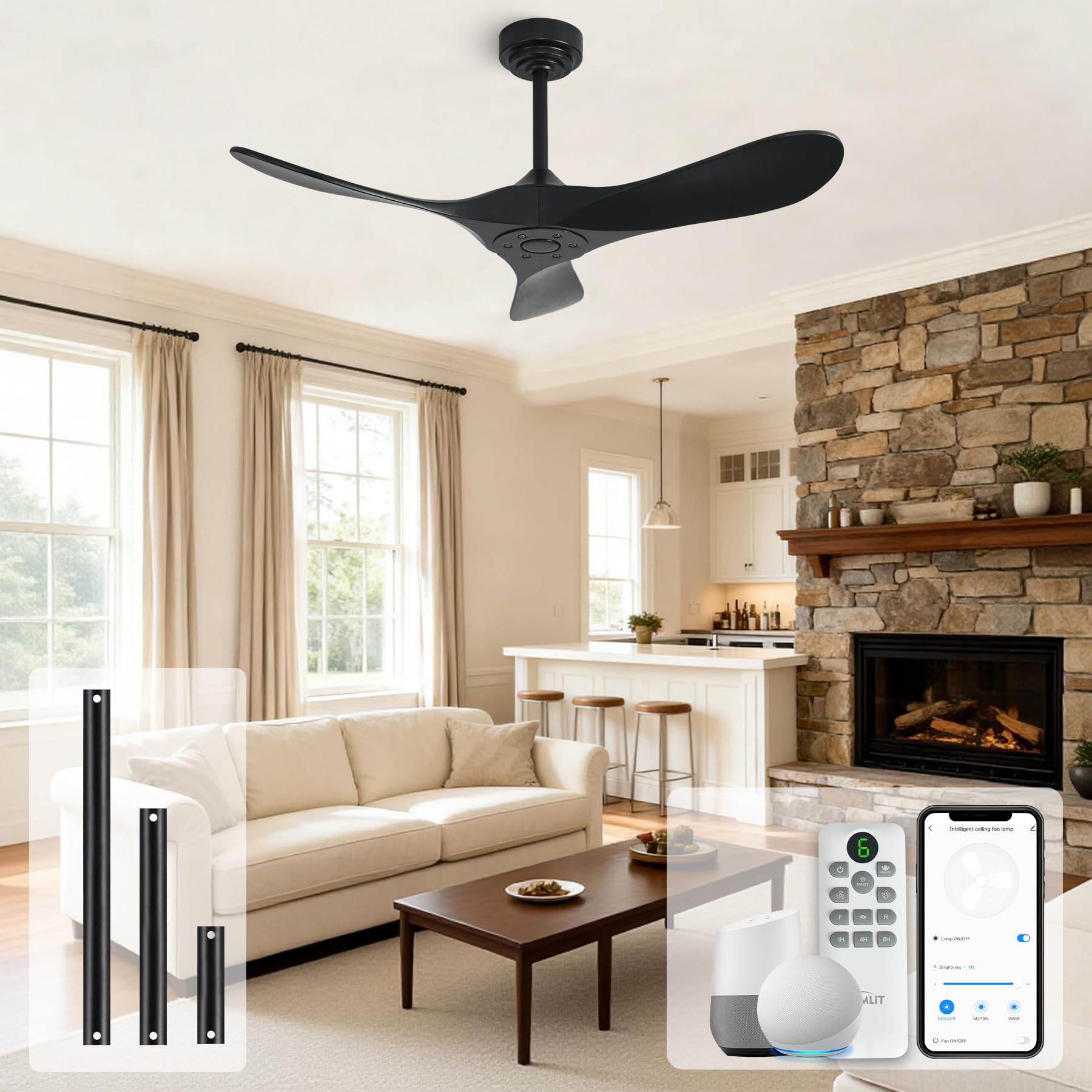 Homlit Outdoor Ceiling Fan Without Light, 42Inch Smart Ceiling Fan with Remote & Voice Control for Alexa/Google, 3-Blade Solid Wood Fan, Quiet DC