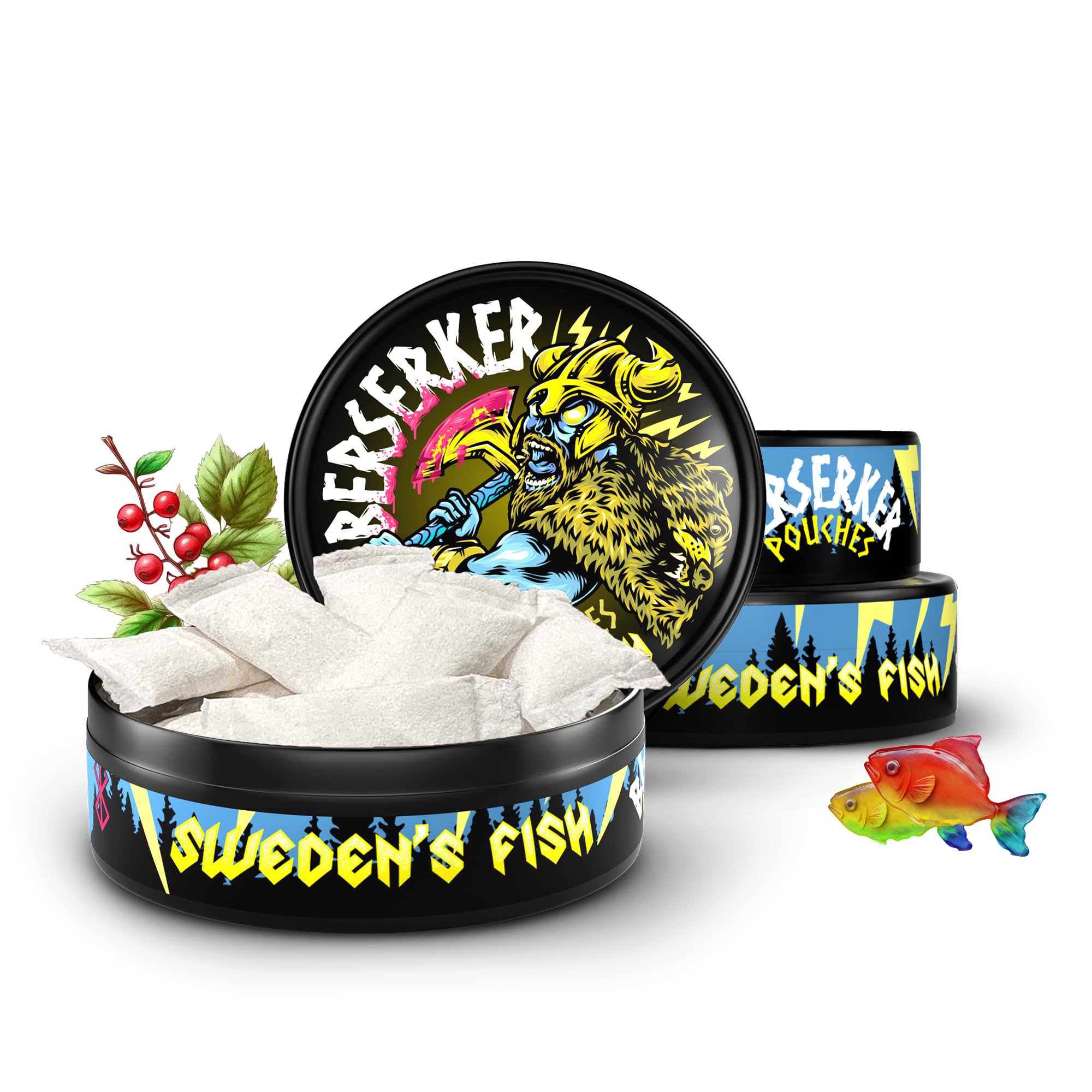 Berserker Energy Pouches - Swedens Fish- Caffeine Infused - 100mg Per Pouch - 3 Pack - Tobacco & Nicotine Free - Energy Drink Replacement