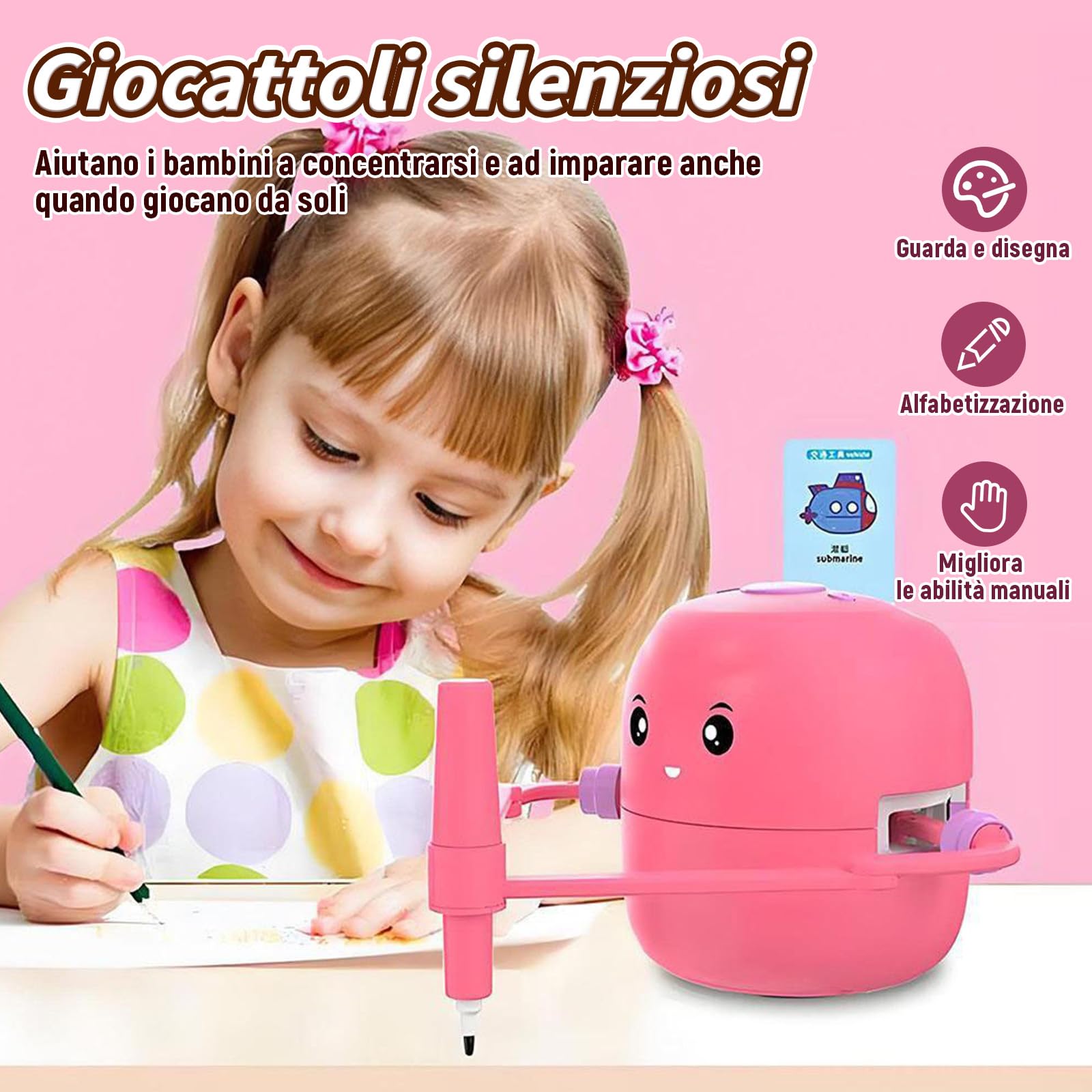 Robot da Disegno per Bambini Giocattolo Educativo Interattivo con 100 Carte, Giocattolo da Pittura Montessori per Bambini e Bambine da 3 a 8 anni, Apprendimento Precoce, Compleanni (Rosa, Aggiornato)