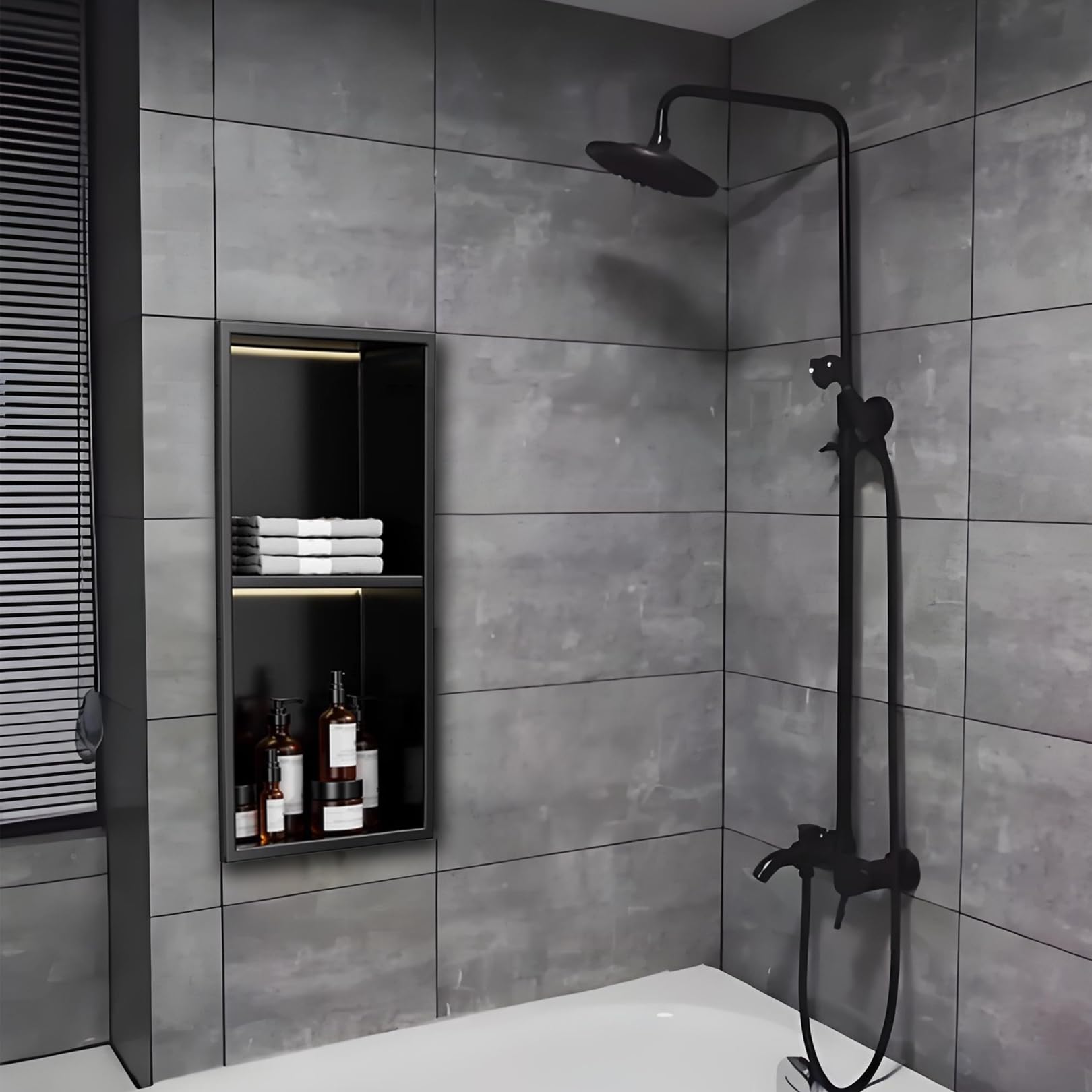 Baodiale Matte Black Stainless Steel Shower Niche with LED Light, No Tile Needed, Recessed Niche for Bathroom Over Mount Installation