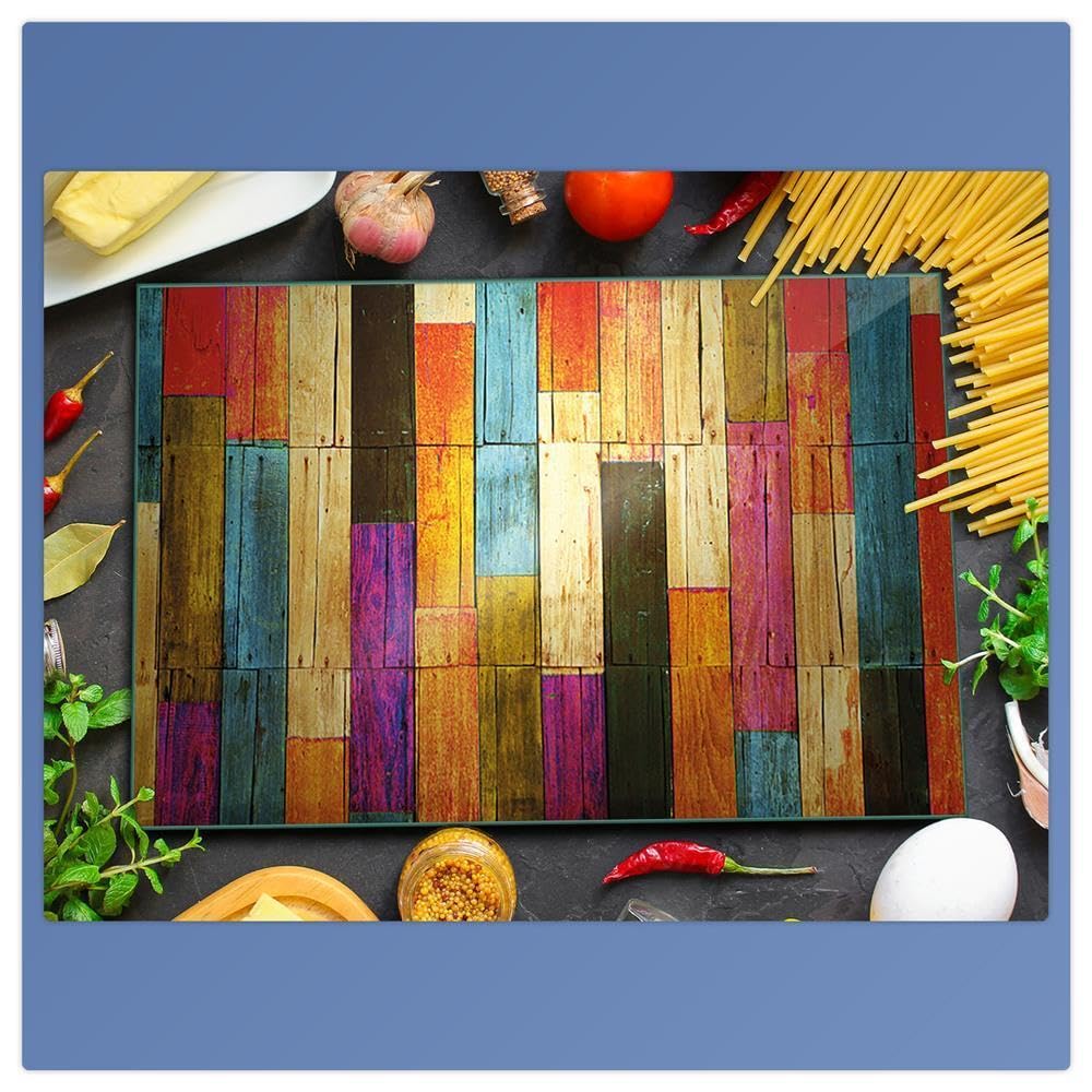 decorwelt | Herdabdeckplatte 80x52 cm 1-Teilig Holz Bunt Ceranfeldabdeckung Universal Spritzschutz Glas Deko Elektroherd Induktion für Kochplatten Herdschutz Schneidebrett Sicherheitsglas