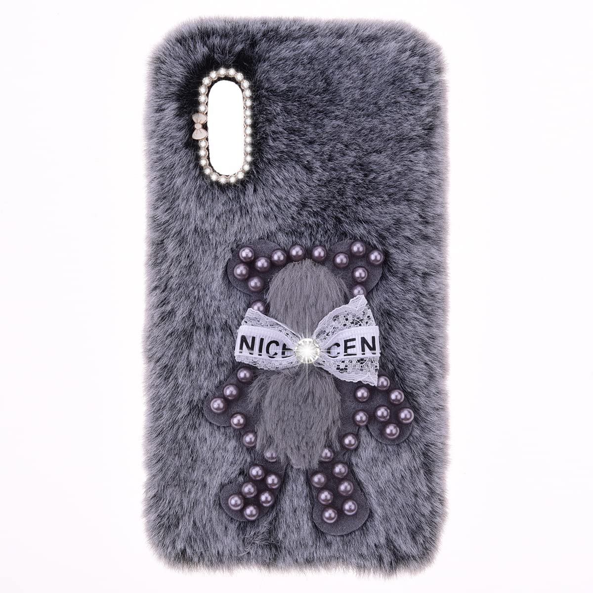 YKTO Custodia Peluche Per ZTE Blade A32 – Coniglio Con Fiocco Di Perle Rosa – Morbida E Calda Cover Invernale