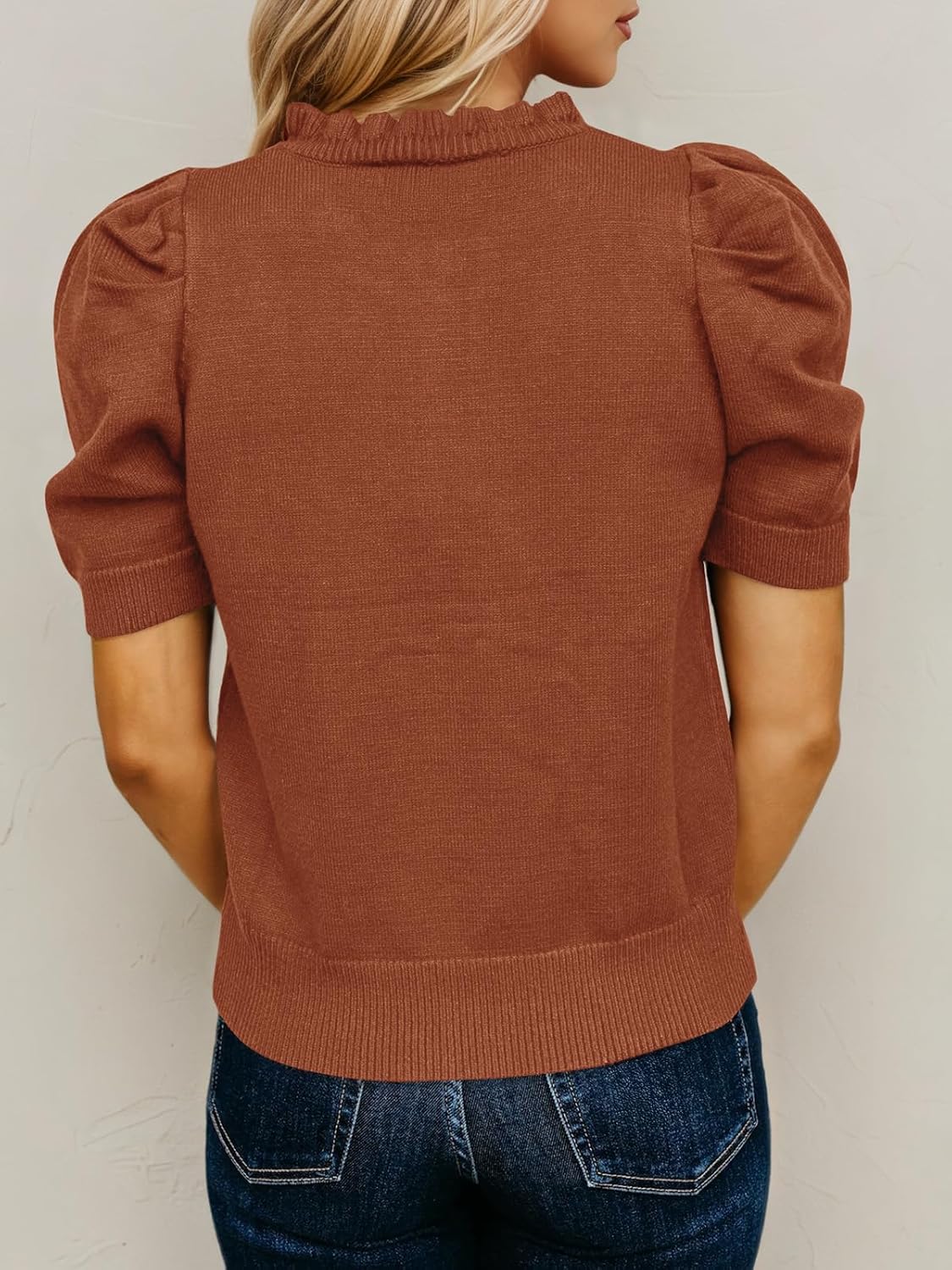 Saodimallsu Womens Puff Short Sleeve Sweater Tops Ruffle Crew Neck Button Up Casual Loose Knit Pullover Sweaters - Image 6