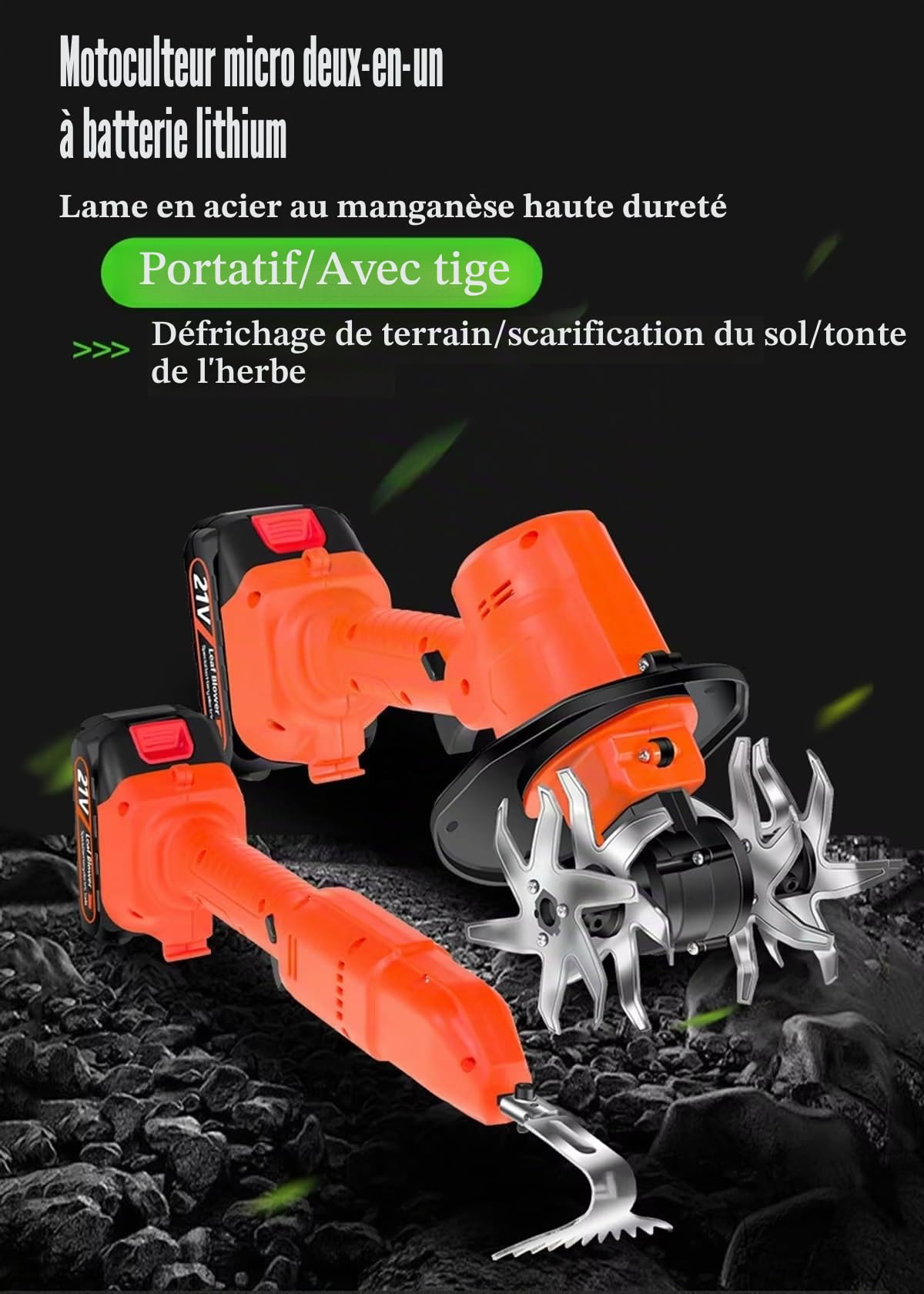Motobineuse électrique sans Fil, motoculteur avec Batteries, Mini-houe et Perche télescopique, désherbage Manuel for la Tonte, la préparation du Sol et Le désherbage.