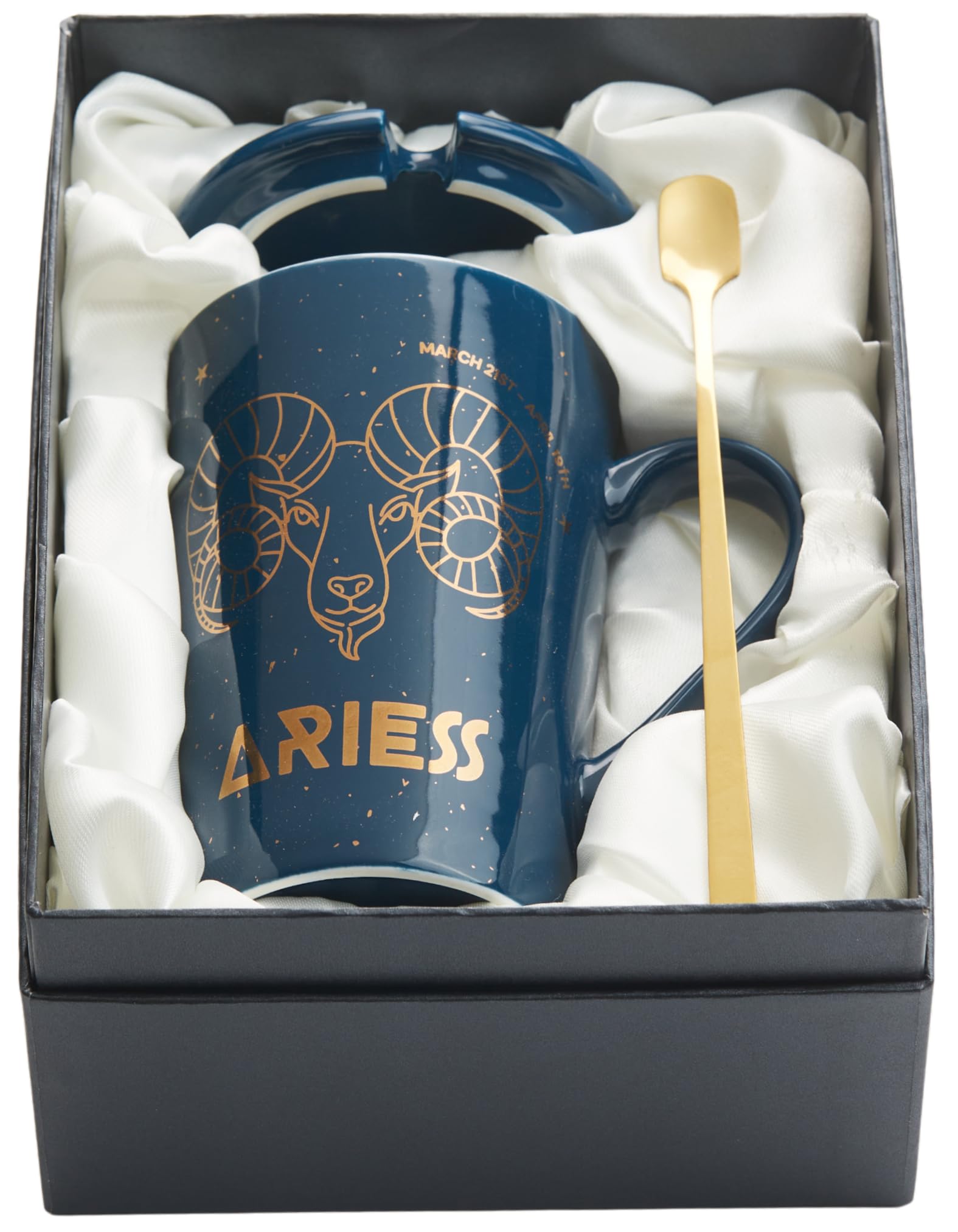 VAQUITY Aries Gifts for Women and Men - Coffee Mugs - Large Ceramic Coffee Mug, Gift Set: Perfect for hot Chocolate and Tea cup, Includes gift packaging & golden spoon, cool gifts for women (Aries)