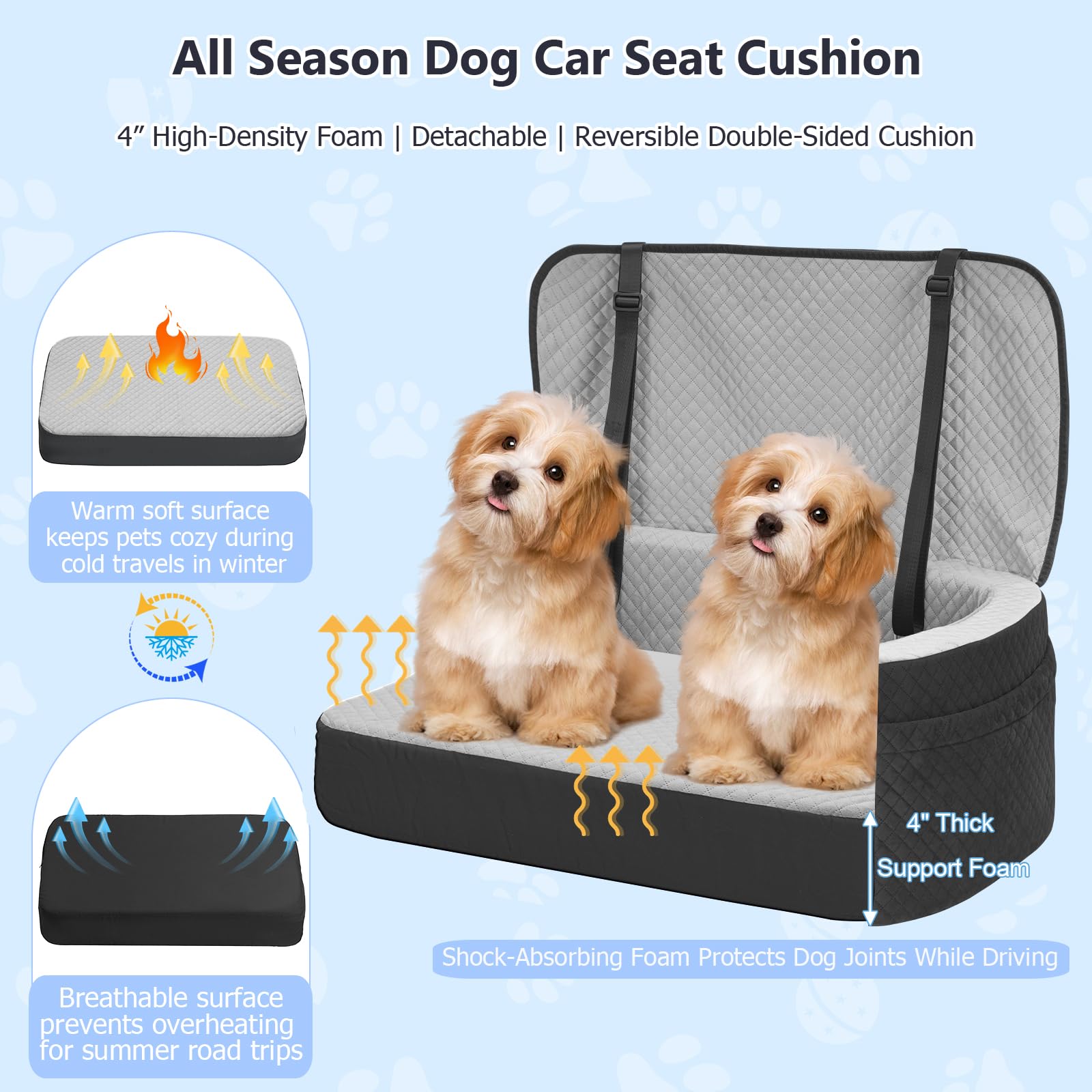 Asiento de coche para perros grandes de hasta 60 libras o 2 perros pequeños con espuma viscoelástica de 4 pulgadas, asiento trasero mediano para mascotas con cinturones de seguridad triples, correas