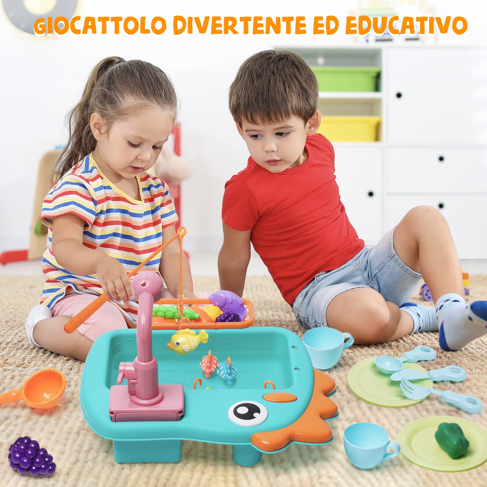 Giocattolo del Lavandino della Cucina Giocattoli da pesca,Giocattolo da Cucina Multifunzionale con Rubinetto Elettrico Aggiornato,Giocattoli educativi intelligenti per bambini 3 ai 6 Anni