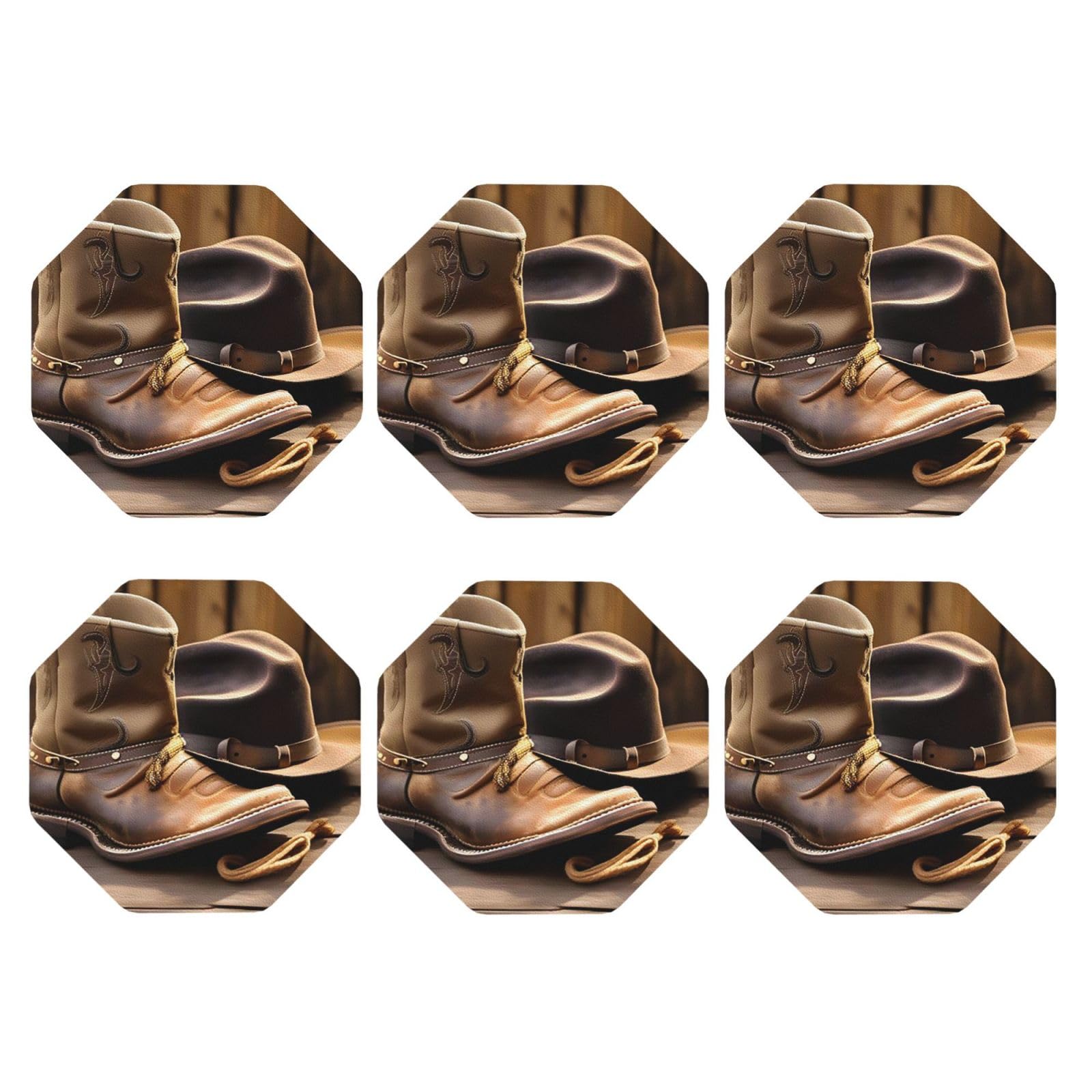 6pcs Leather Coasters for Drinks, Cowboy Hat and Boots Drink Coasters for Tabletop Protection, 4" Cup Coasters for Coffee Table Decor, Non-Slip Drinking Cup Mat for Hot Or Cold Drink