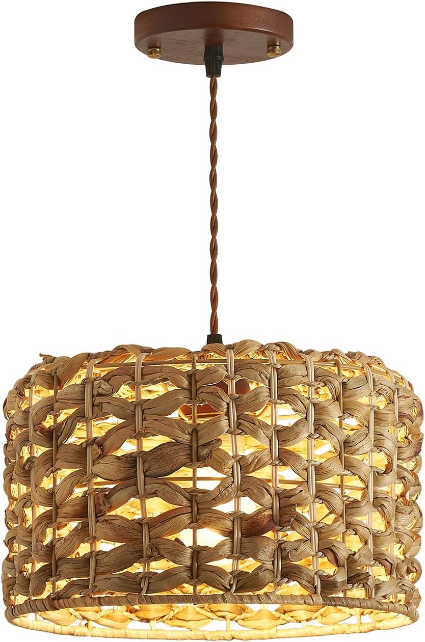 11.8 inch Hand Woven Rattan Shade Wood Base Braided Cord Boho Pendant Light Fixture, Vintage Chandelier Farmhouse Adjustable Hanging Light Fixture for Kitchen Island Dining Room Hallway Bedroom