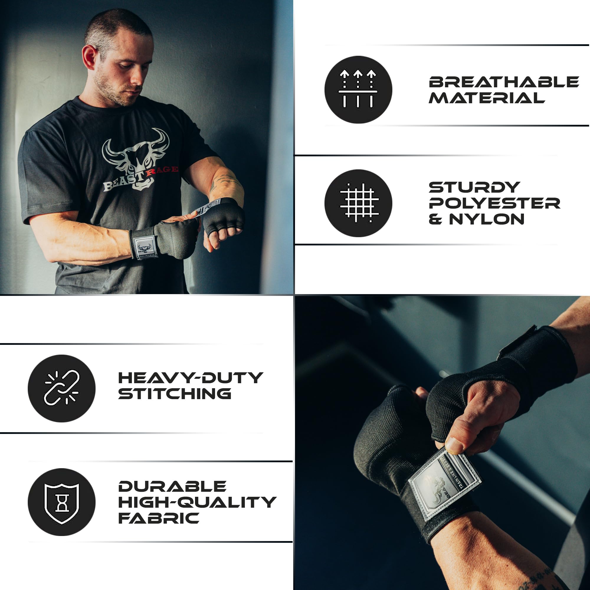 BEAST RAGE Guantoni da Boxe in Gel per Le Mani, 75 cm, Imbottiti, Elastici, per Allenamento, Muay Thai, Bende UFC per Uomo, Donna e Bambini