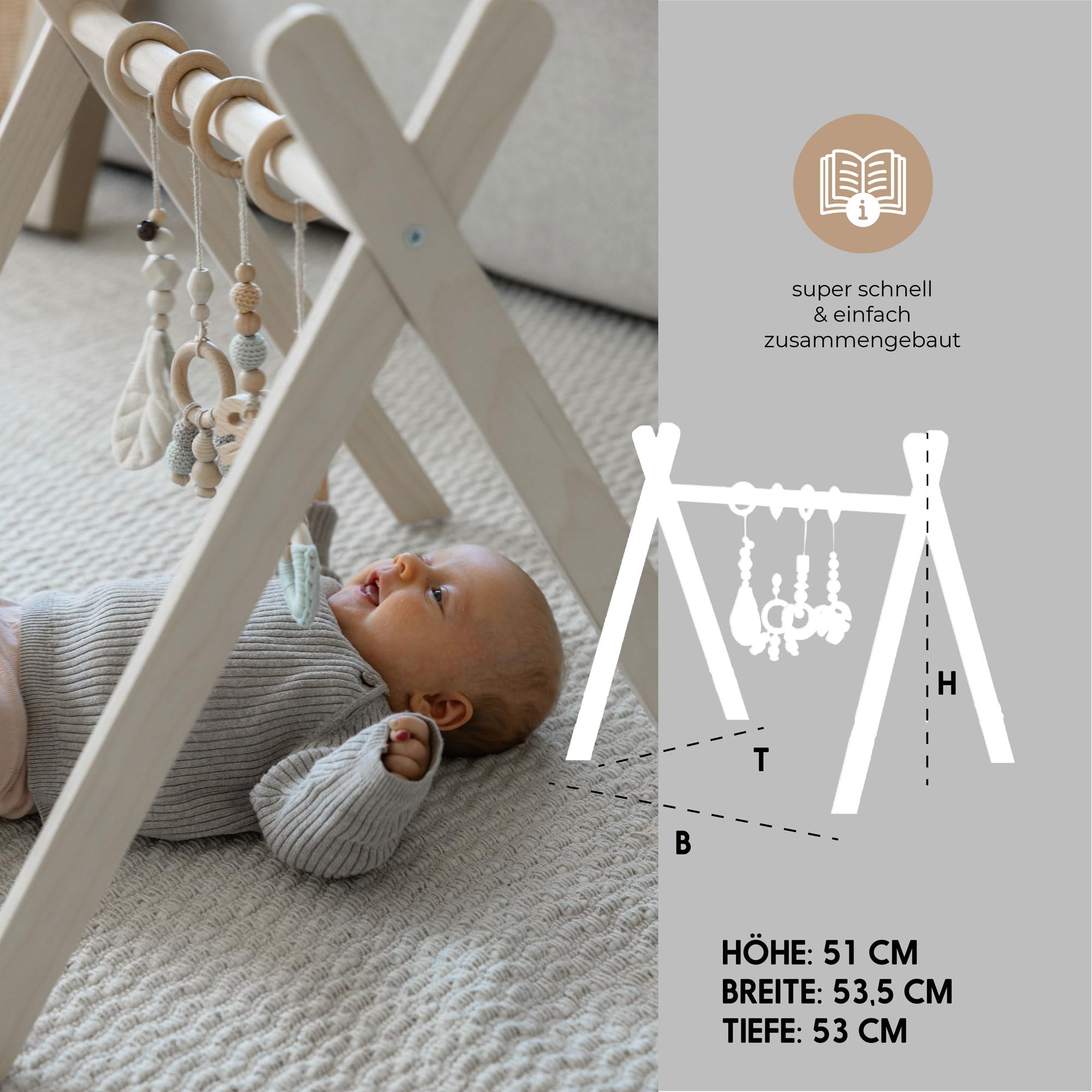 BASIC Spielbogen – Holz Baby Spielbogen ab Geburt, Schichtholz, stabile Konstruktion, Montessori Baby Gym, fördert Motorik & Sinne - ab 0 Monaten (ohne Anhänger)