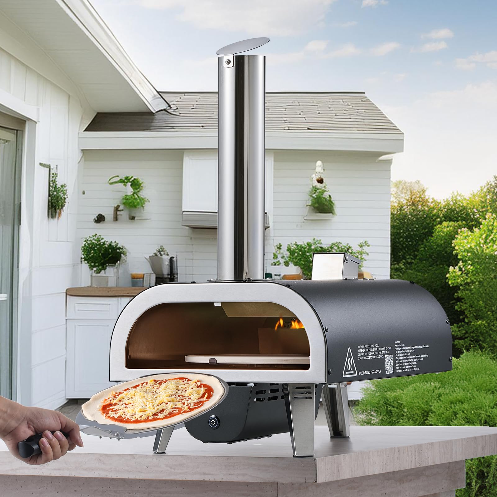 VEVOR Four à Pizza d’Extérieur 305 mm, Four à Granulés de Bois Portable avec Thermomètre et Rotation Électrique, Pierre à Pizza, Sac de Transport et Pelle