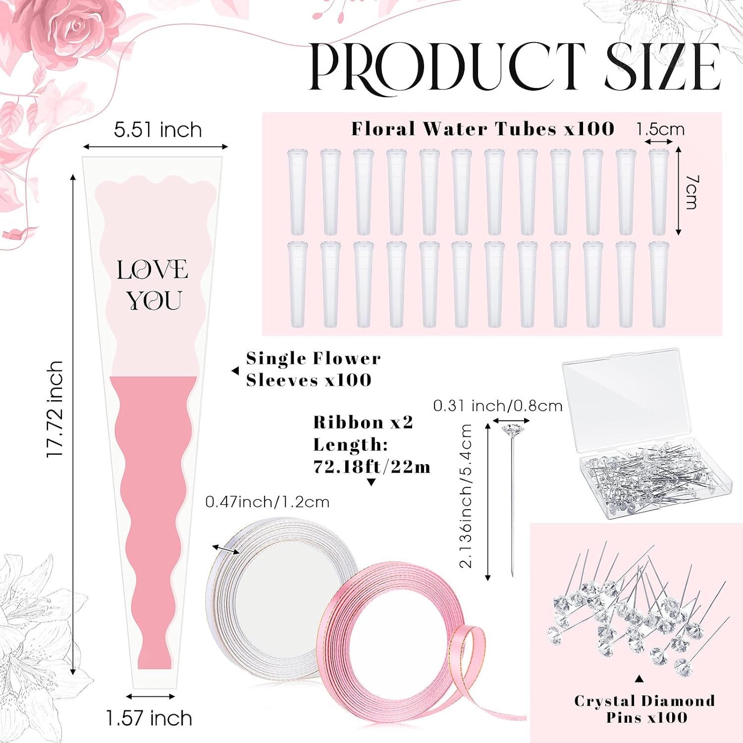 Feifeiya 302 Pcs Flower Wrapping Kit for Mother's Day 100 Single Rose Sleeves with 100 Floral Water Tubes 100 Diamond Head Pins and Ribbons Flower Bags for Graduation Party Wedding(Pink)
