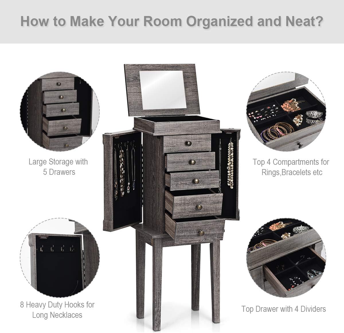 Giantex Standing Jewelry Armoire with Mirror, 5 Drawers & 8 Necklace Hooks, Jewelry Cabinet Chest with Top Storage Organizer Flip Mirror, 2 Side Swing Doors, Standing Jewelry Cabinets (Grey) : Clothing, Shoes & Jewelry