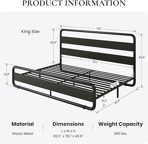 Miniatura 25 de Estructura de cama SHA CERLIN de tamaño matrimonial con cabecero y pie de cama de madera, estructura de cama de plataforma resistente con