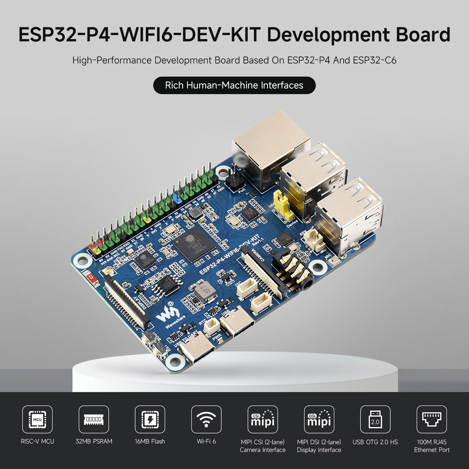 Waveshare ESP32-P4-WIFI6-DEV-KIT High-Performance Development Board, Based on ESP32-P4 & ESP32-C6, Supports Wi-FI 6, BT 5 & BLE 5, Bundle with Board, Speaker and Cable