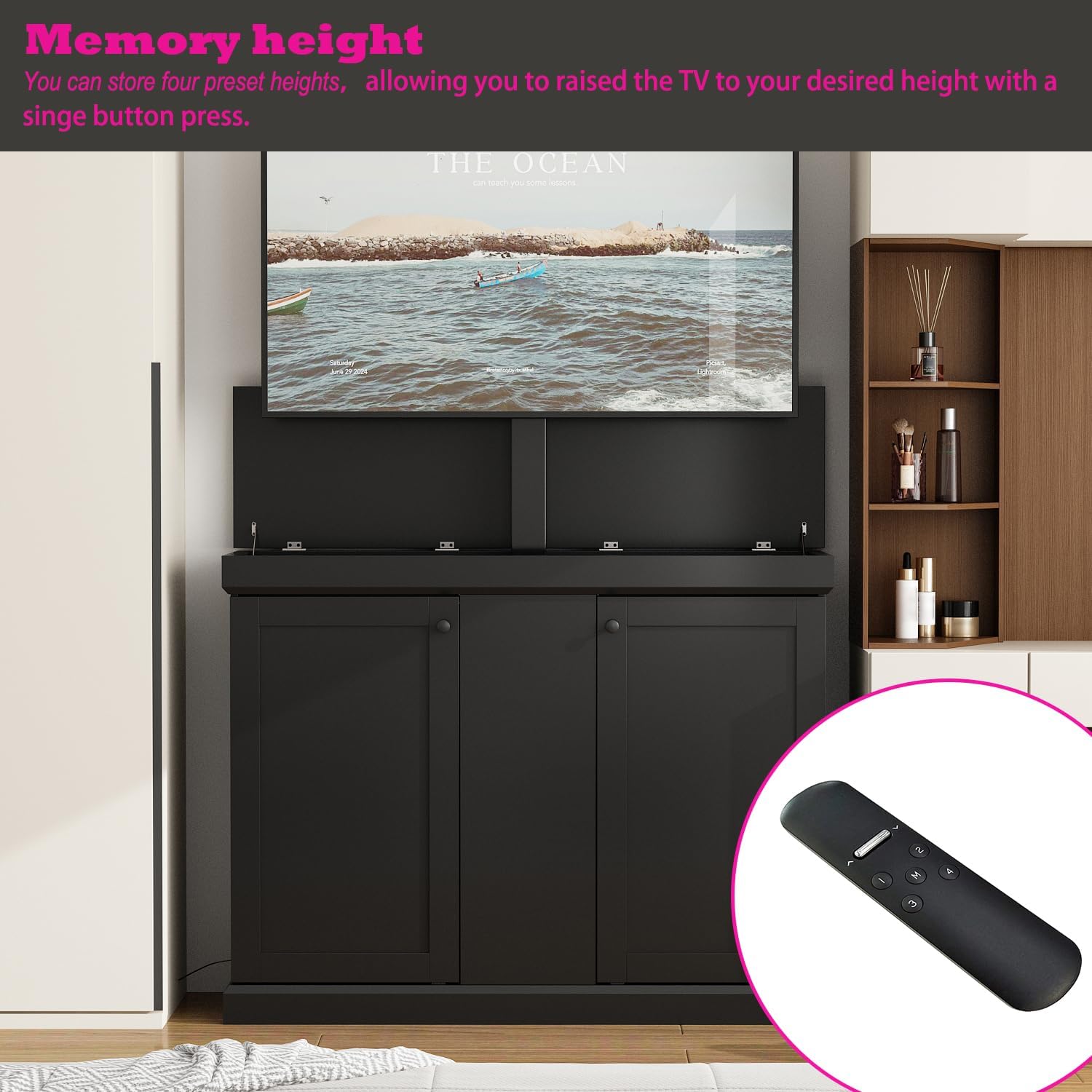 MOUMON Modern TV Stand Elevate TV Lift Cabinet with Mount, Media Console Table with Remote, Entertainment Center with 2 Doors, for Living Room, Black, 50.4”W x 13.8”D x 39.3”H