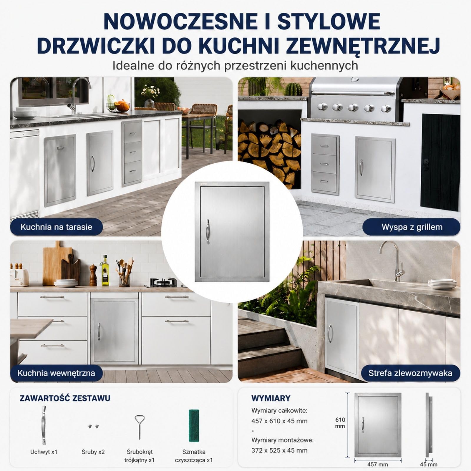 Pojedyncze drzwi dostępowe do grilla w kolorze stali nierdzewnej, montaż na równi z powierzchnią, pionowe drzwi ścienne z uchwytem do wyspy grillowej i szafki zewnętrznej
