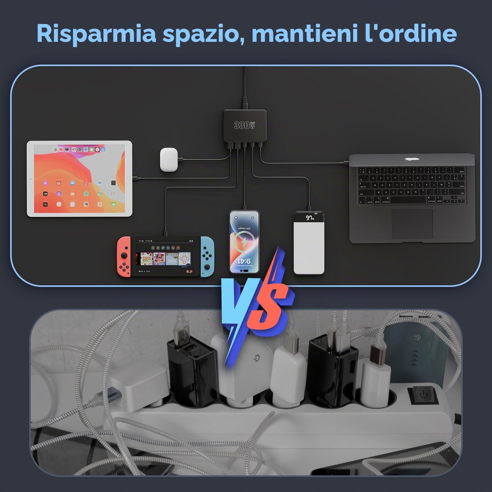 Stazione di ricarica USB da 330 W con 10 porte, PD 100 W, 65 W, 45 W, 30 W, 20 W, 18 W, caricabatterie USB-C GaN III, caricatore rapido per laptop e smartphone, compatibile con MacBook Pro/Air, Dell