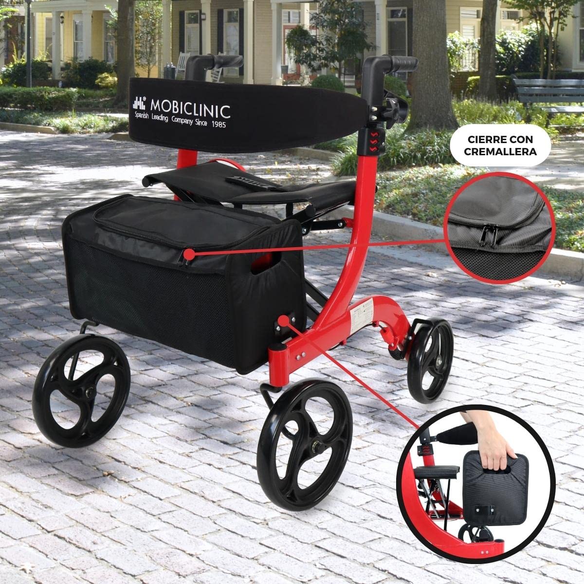 Mobiclinic® pro, Andador para ancianos, Plegado con una sola mano, Ruedas grandes, Doble sistema de frenado, Invicto, Todoterreno, Cesta amplia, Asiento y respaldo acolchados, Altura regulable