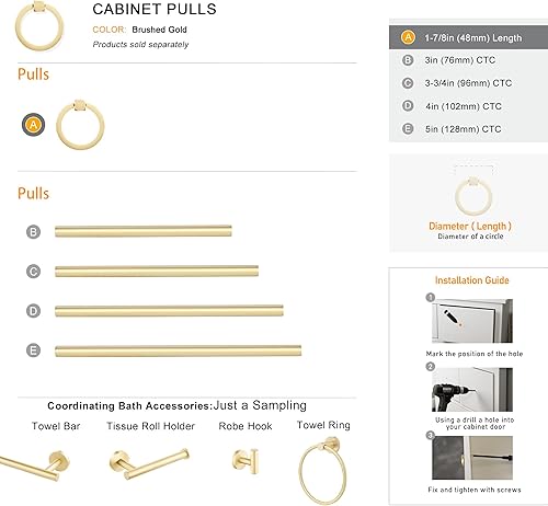 Miniatura 9 de QOGRISUN Paquete de 10 tiradores de anillo de latón macizo para cajón de armario, tiradores de tocador dorados de 1-78 pulgadas, manijas de