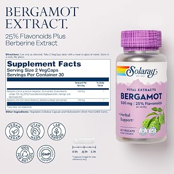 SOLARAY Bergamot 500 mg - Citrus Bergamot Supplement for an Active Lifestyle - Standardized to 25% Flavonoids - with Berberine HCl from Indian Barberry - Vegan, 30 Serv, 60 VegCaps