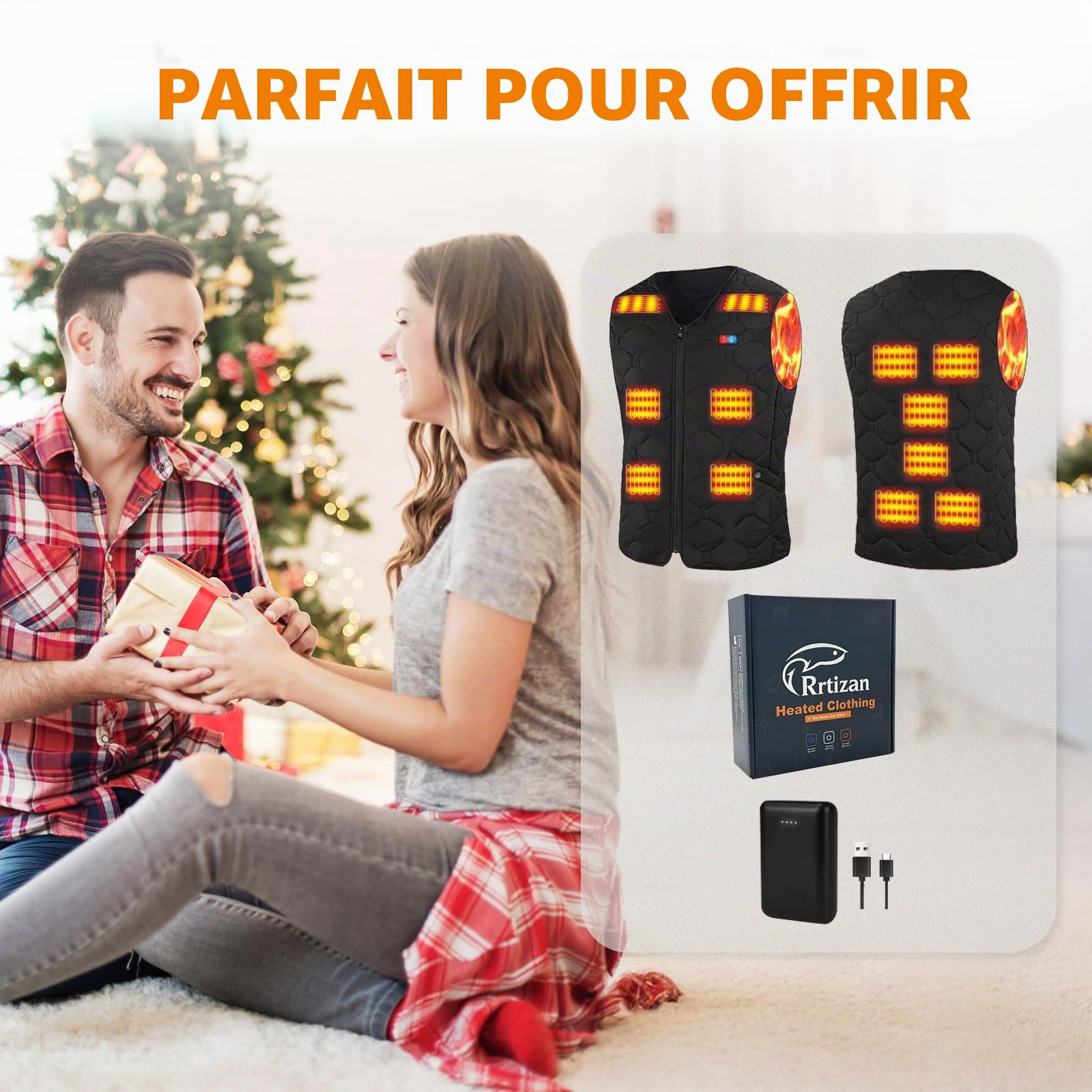 Rrtizan Gilet chauffant pour homme et femme avec batterie externe, gilet chauffant avec 3 niveaux de température et 15 feuilles de chaleur, veste chauffante électrique sans manches, lavable pour