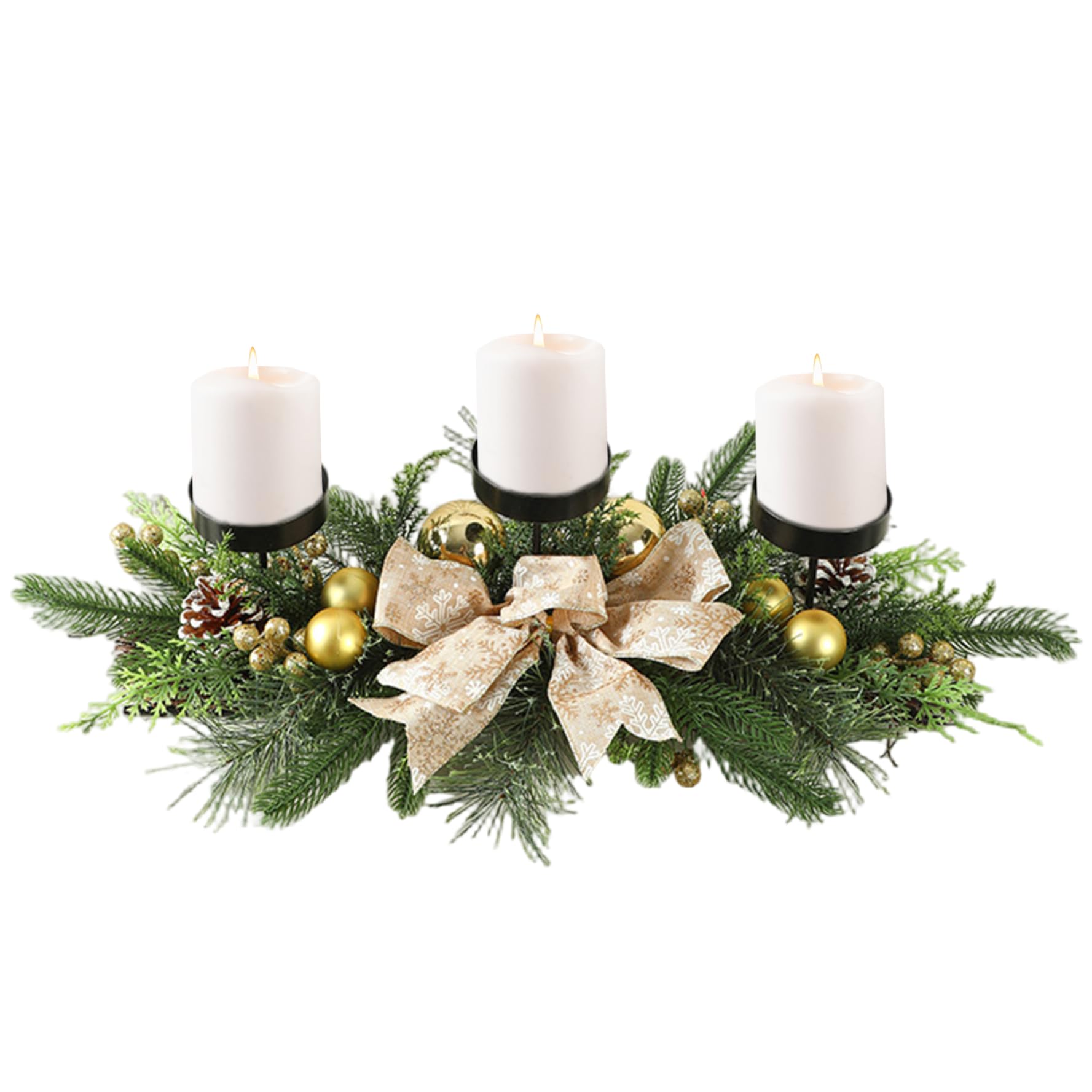 Candelabro navideño con 3 bandejas, centros de Mesa navideños con Lazo, Adornos, Bayas y Agujas de Pino para decoración navideña de Mesa de Fiesta