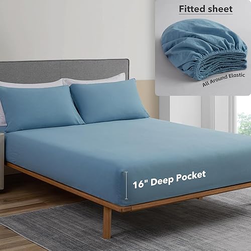 Miniatura 3 de DAPU Juego de sábanas de lino de color sólido, suaves y transpirables, 4 piezas, ropa de cama de mezcla de lino francés hipoalergénico de mezcla de