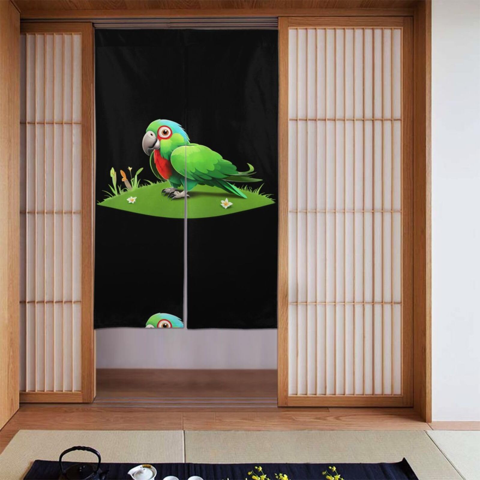 Cortina de puerta de dos paneles con estampado de loro para baño y pasillo