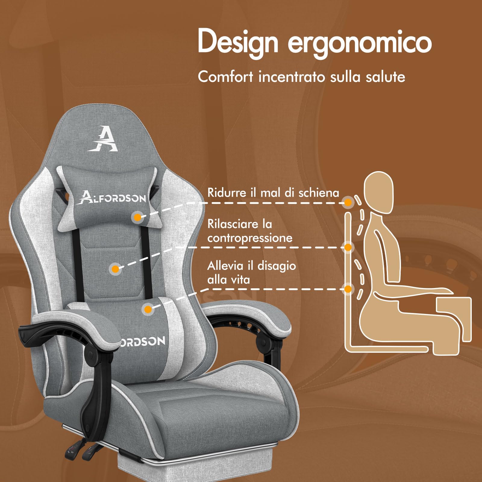 ALFORDSON Sedia Gaming Massaggiante con Poggiapiedi da Case Grigia splicing | Poltrona Gamer in Tessuto Serie THOR, Schienale regolabile, con supporto lombare e poggiatesta, portata 180 kg